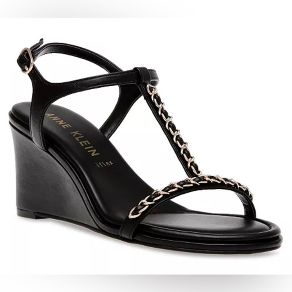 Anne Klein Shoes - NEW [Anne Klein] Sloan Chain Wedge Padded Heel Sandals Black/Gold Women’s Sz 10